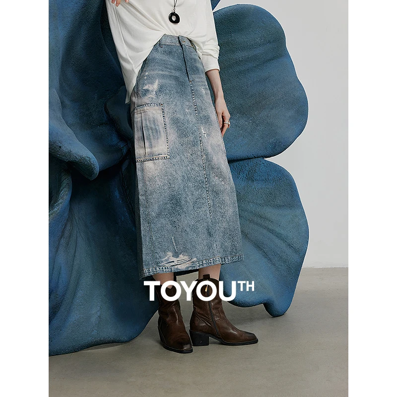 TOYOUTH Denim Skirt 2025 Spring New Vintage Printed High Waist Ankle Length H Shape Skirt