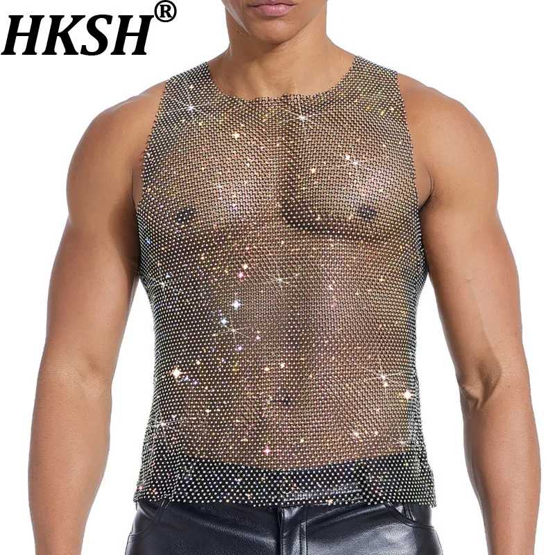 

HKSH 2025 Spring Summer New Man's Tide Hip Hop Waistcoat Fashion Mesh Sexy Vest Chic Party Nightclub Sparkling Tank Tops HK7283