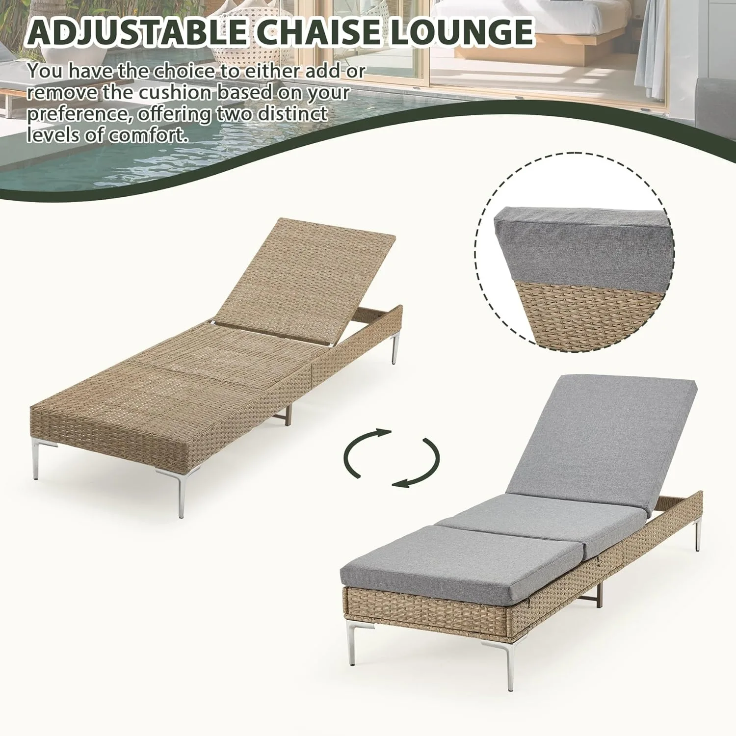 Outdoor Chaise Lounge Set of 2, Patio Wicker Chair with Adjustable Backrest, Rattan Pool Sunbathing Chair Suitable