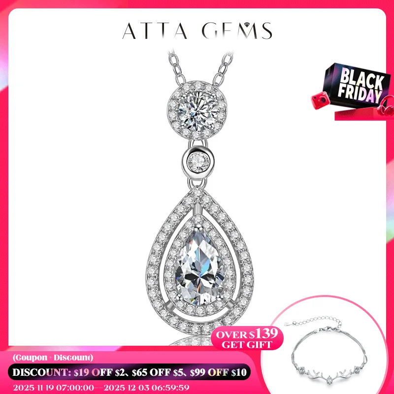 

ATTAGEMS 925 Silver Necklace Chain Pear Cut 1.5ct D Color Pass Diamond Test Solitaire Pendant Necklace Women Jewelry