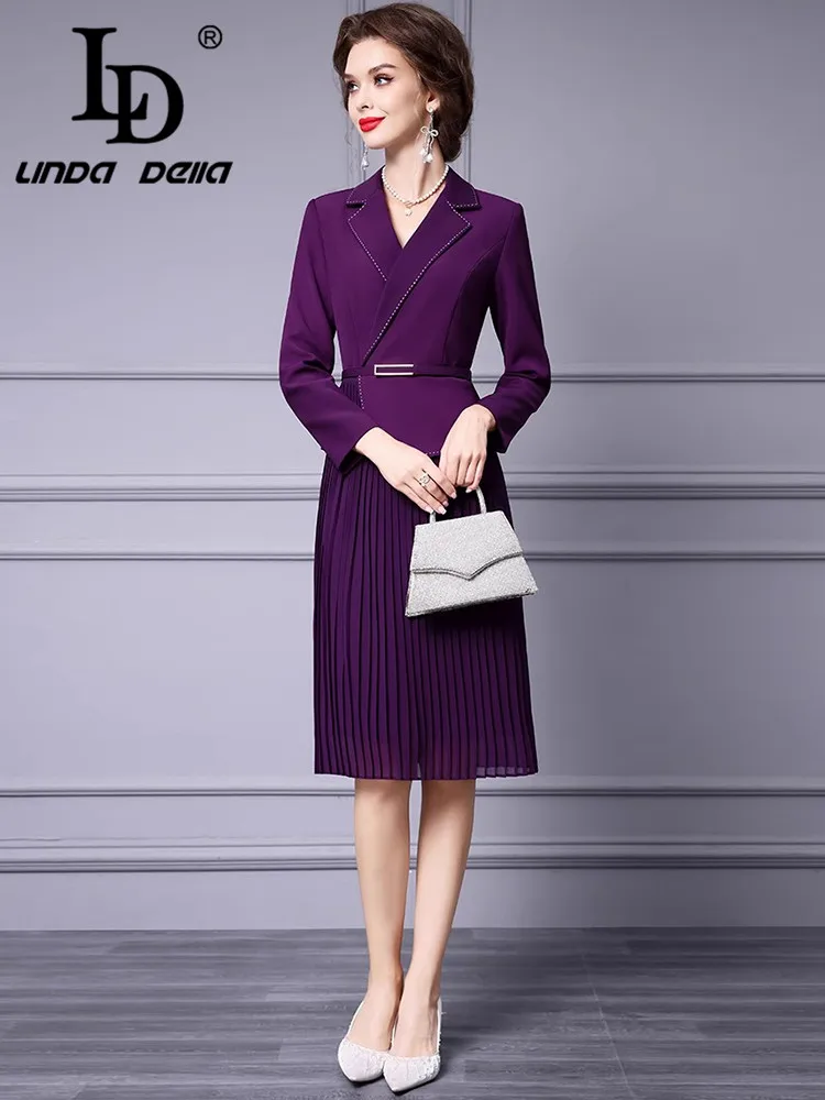 LD LINDA DELLA Autumn Winter New Style Commuter Designer Women\'s Dress Notched Slim-Fit Hip Wrap Pleated Splicing Lace-UP Dress