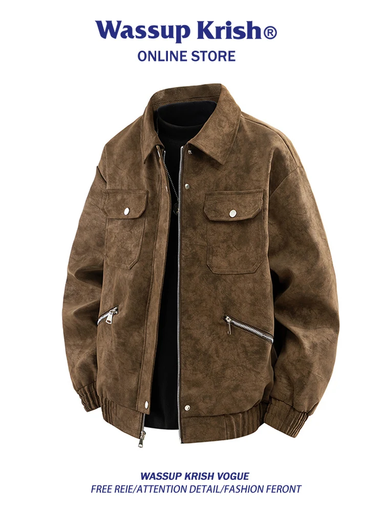 

Wassup Kri Men's Dyed Leather Jaet Casual Spor Autumn Outerwear with Multiple kets Brown American Sle