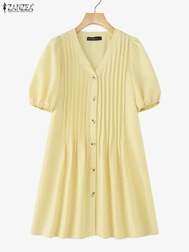2025 ZANZEA Abiti estivi da donna Mini vestito estivo sexy Moda manica corta a sbuffo Bottoni con scollo a V Abiti corti a pieghe oversize