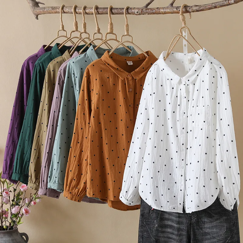 Cotton Yarn Polka Dot Shirts Women Autumn SpringDots Shirts and Blouses Long Sleeve Lady Tops Soft Skin-Friendly Base Shirt