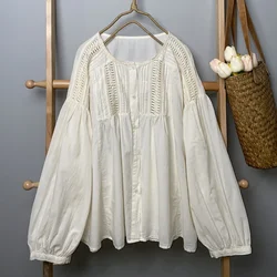 Vintage Cotton Lace Crochet Hollow Patchwork Pleated Blouse Female Victorian Boho Hippie Retro Puff Sleeve Elegant Shirt Tops