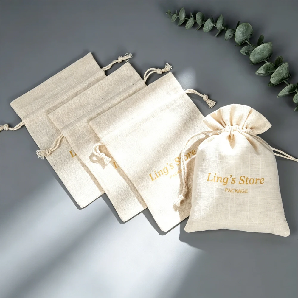

50/100Pcs Custom Logo Natural Jewelry Bamboo Muslin Drawstring Bag Canvas Gift Packaging Cotton Wedding Ring Gift Bracelet Pouch