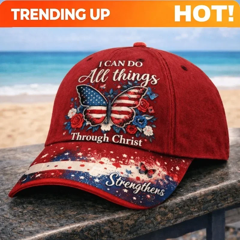 Custom Baseball Cap Featuring Christian Scripture, Embellished With The Phrase 'Through Christ' And A Butterfly Flower Brim - Ad