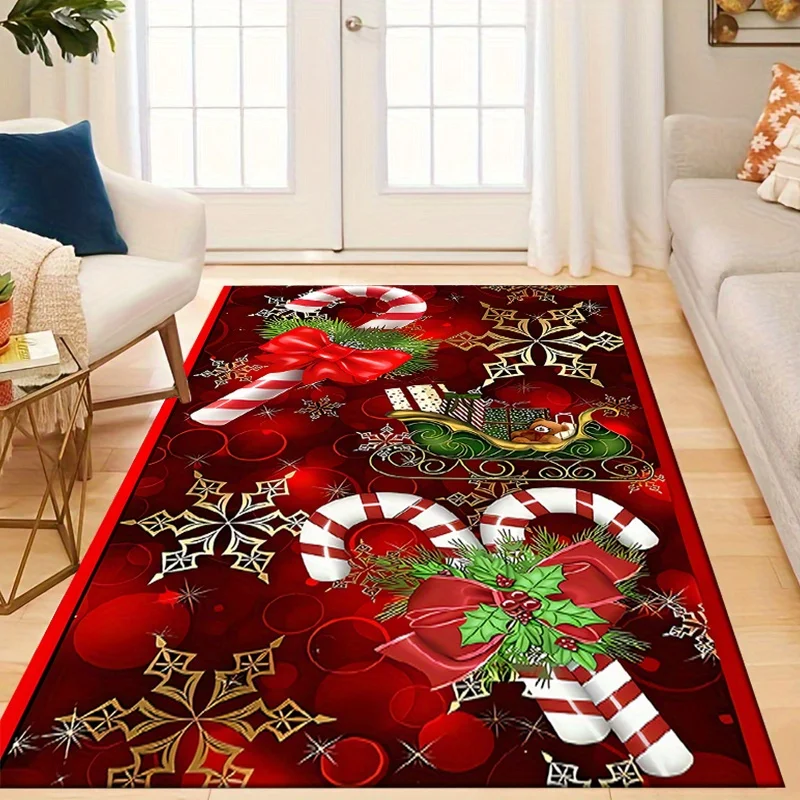 VIKAMA Xmas Candy Cane Large Rug,Anti‑Slip Indoor Mat,Golden Snowflake Gift Sleigh Carpet for Bedroom Festival Home Decoration