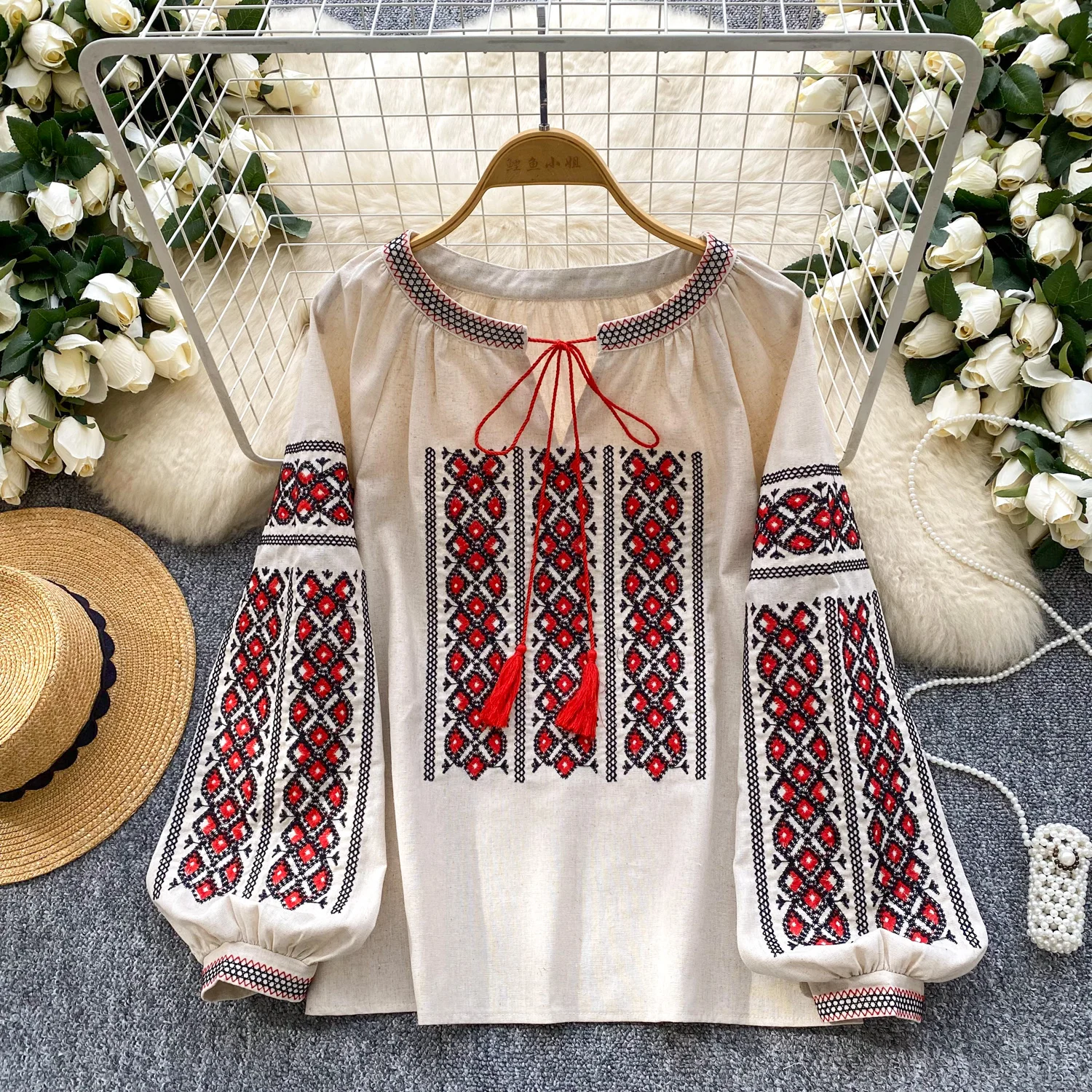 

chic vintage Long Sleeve lantern sleeve O-neck loose korean fashion blouse Female Tops autumn women clothing