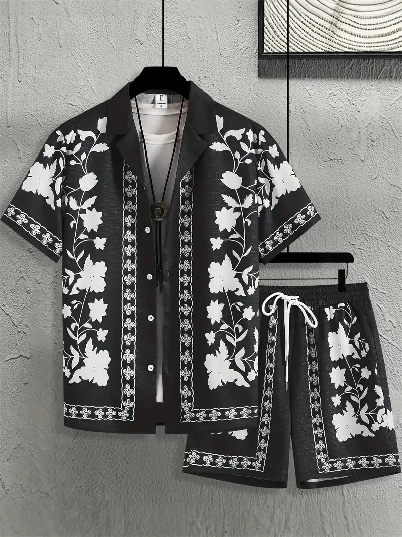

Vintage Men's Shirt Set Ethnic Floral Short Sleeve Shirt Casual Shorts Outdoor Beachwear Summer New Men's Clothing Two Piece Set