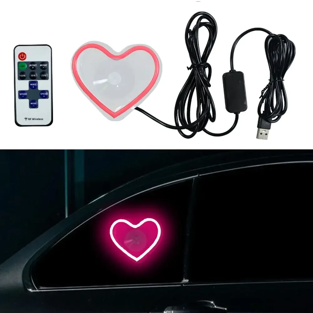 Car Modification Neon Lamp Car LED Glass Window Lights Interior Decoration Lights Glowing Heart Atmosphere Light USB Wiring