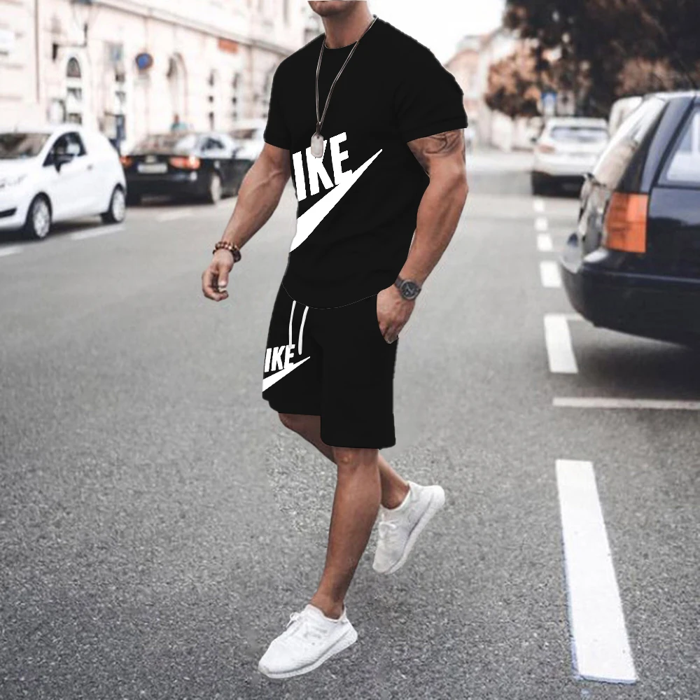 

summer outdoor sports set, men's short sleeved T-shirt shorts, casual and fashionable two-piece set, sweat absorbing and