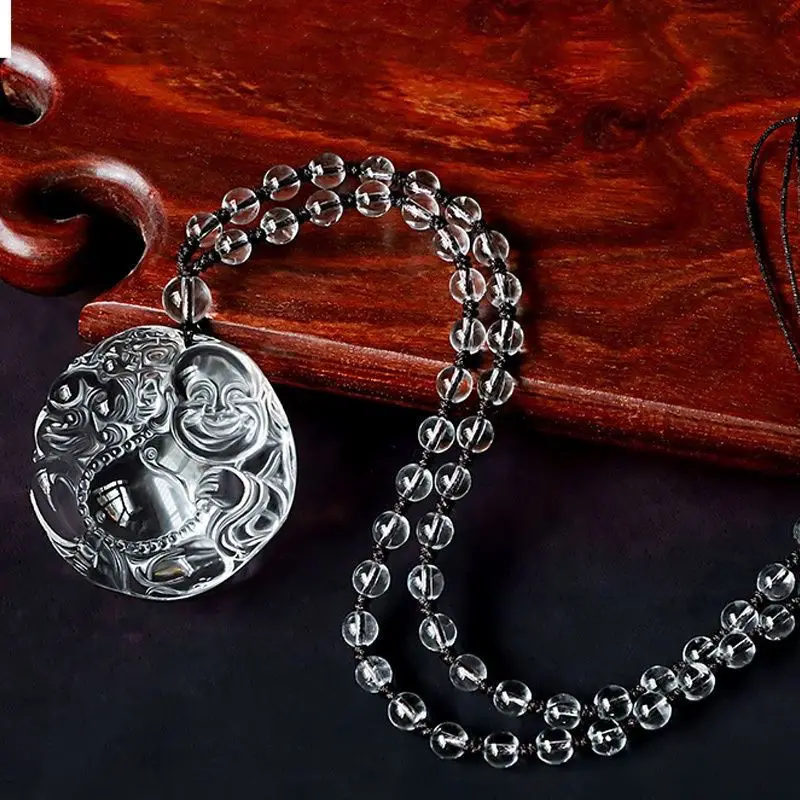 

Natural White Crystal Pixiu Laughing Buddha Double Sided Pendant Protective Wealth Amulet Sweater Necklace Zen Gift Travel Charm