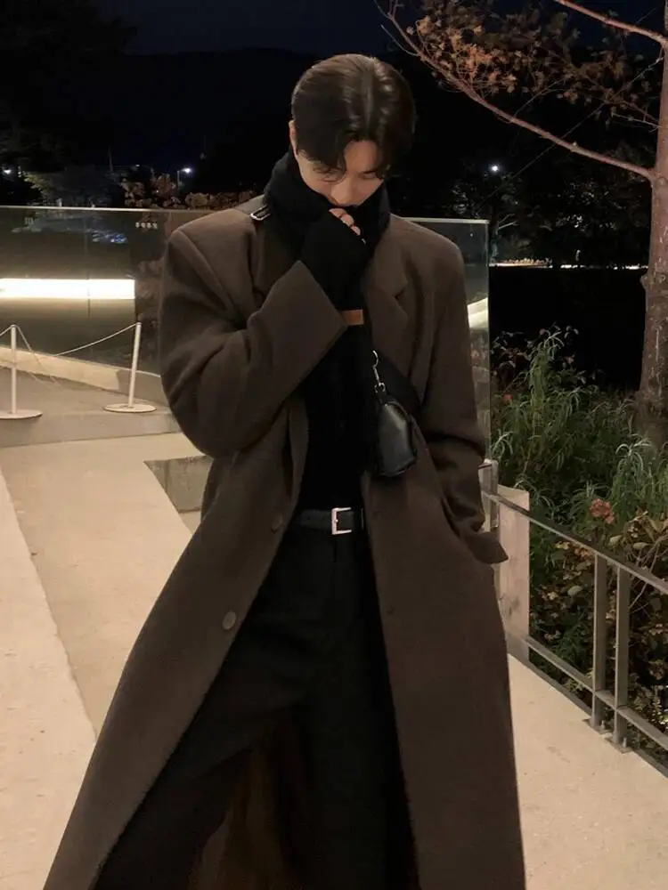 เสื้อโค้ทขนสัตว์ผู้ชายสไตล์เกาหลี ปกพับ กระดุมแถวเดียว ยาวคลุมเข่า หนา ใส่สบาย ลำลอง สำหรับผู้ชาย ฤดูหนาว 2025