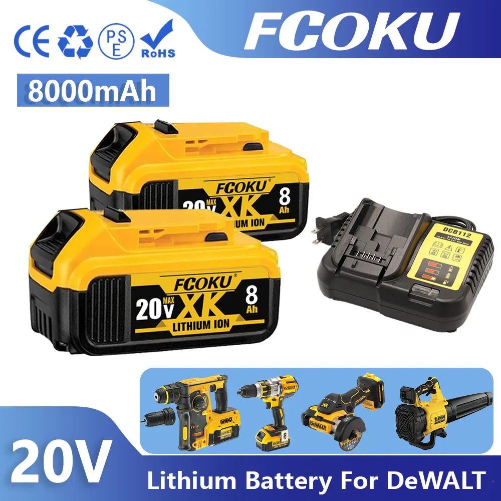 

2PCS 20V 5.0Ah/6.0Ah/8.0Ah mAh Replacement Li-ion Battery With Charger For DeWalt Electric Tool 18V DCB182 DCB180 DCB181 DCB182