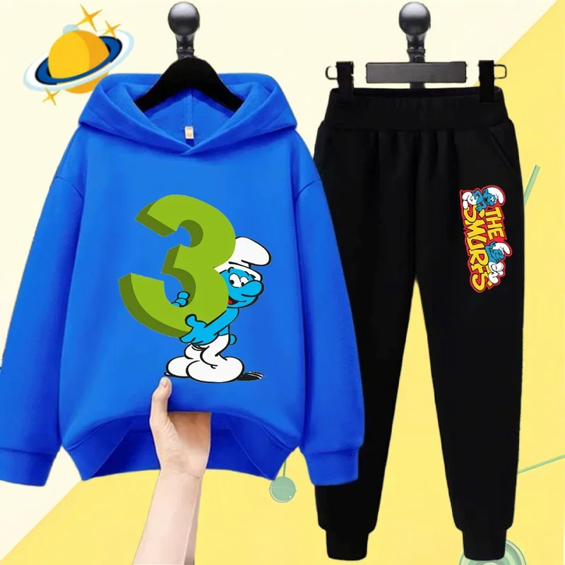 Smurf Smurfette anime children's hoodie set Cartoon print Autumn/Winter long sleeve sweatshirt Boy/Girl Kawaii casual top gift