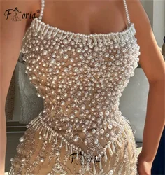 Champagne Pearls Tassel Mermaid Evening Dress Spaghetti Strap Sparkly Sequin Beads Fringes Formal Occasion Dress Elegant Prom