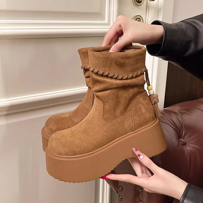 

Новинка 2025, зимние ботинки на платформе, женские универсальные повседневные ботинки в стиле ретро на плоской подошве с круглым носком