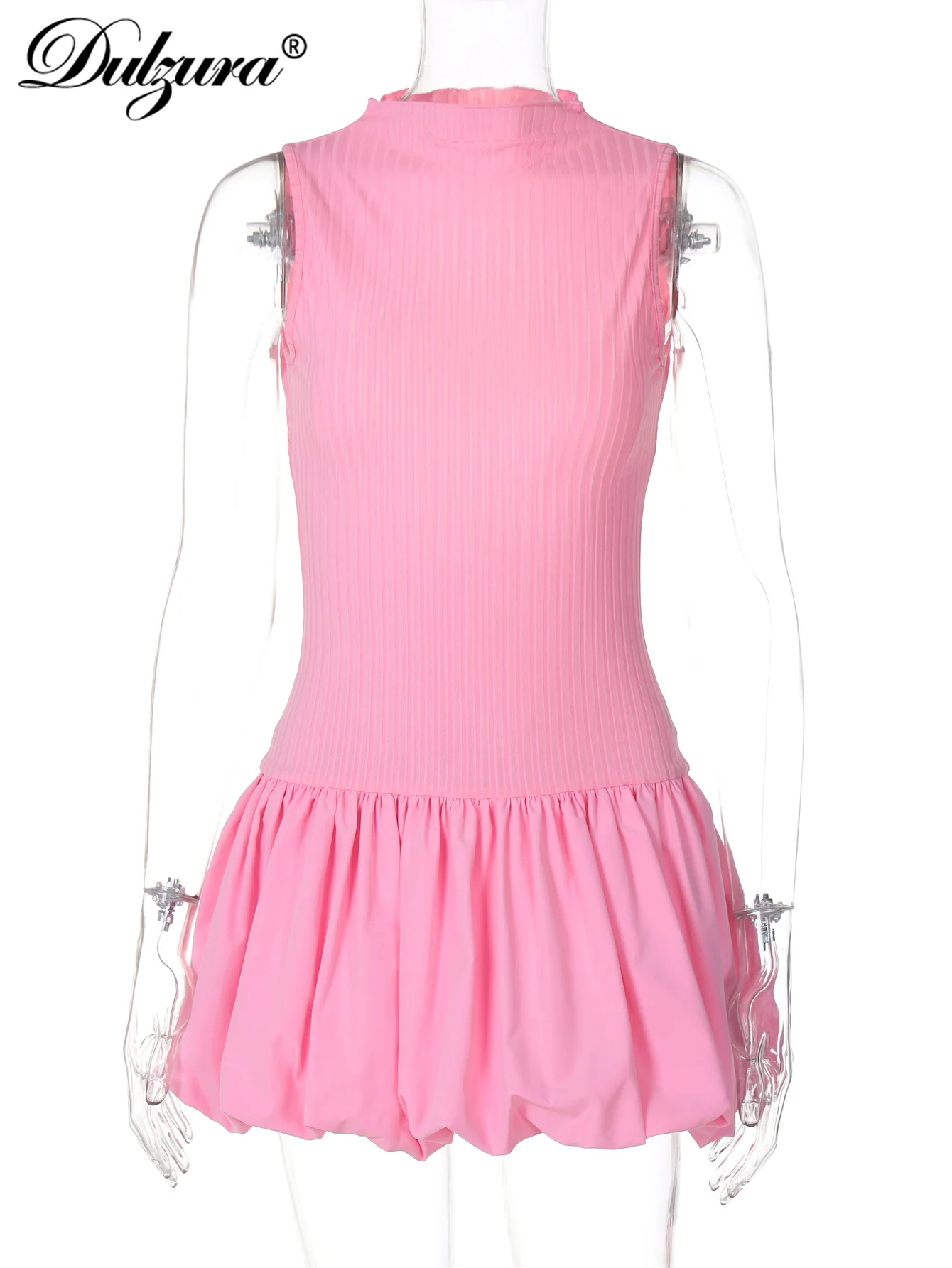 Dulzura com nervuras sem mangas retalhos bolha mini vestido sólido sem costas apertado clube streetwear