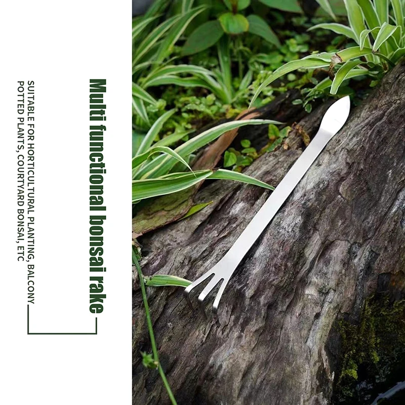 2Pc Stainless Steel Root Rake Bonsai Potted Plants 3-Prong Loosen Soil Tool Handheld Rustproof Rake Home Gardening Tool