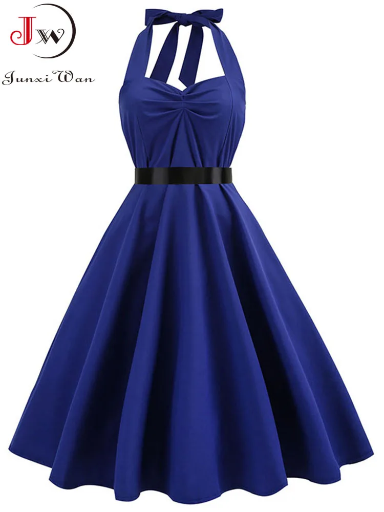 Women Sexy Nightclub Dress Summer Vintage Halter Party Dresses Elegant Cocktail Blackless A-Line Blue Black Dress