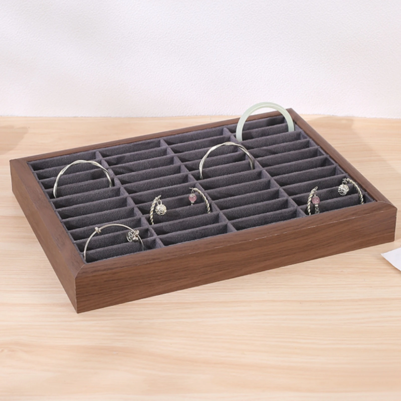 

Compartmented Jewelry Tray Rectangular Wooden Jewelry Tray Accessory Storage Brown Wood-Grain Felt-Like