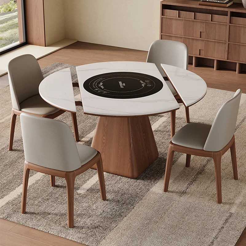 Expandable Dining Table With Induction Cooker, Speech And Audio Control, Warm Plate, Small Apartment Slate Family Dining Set