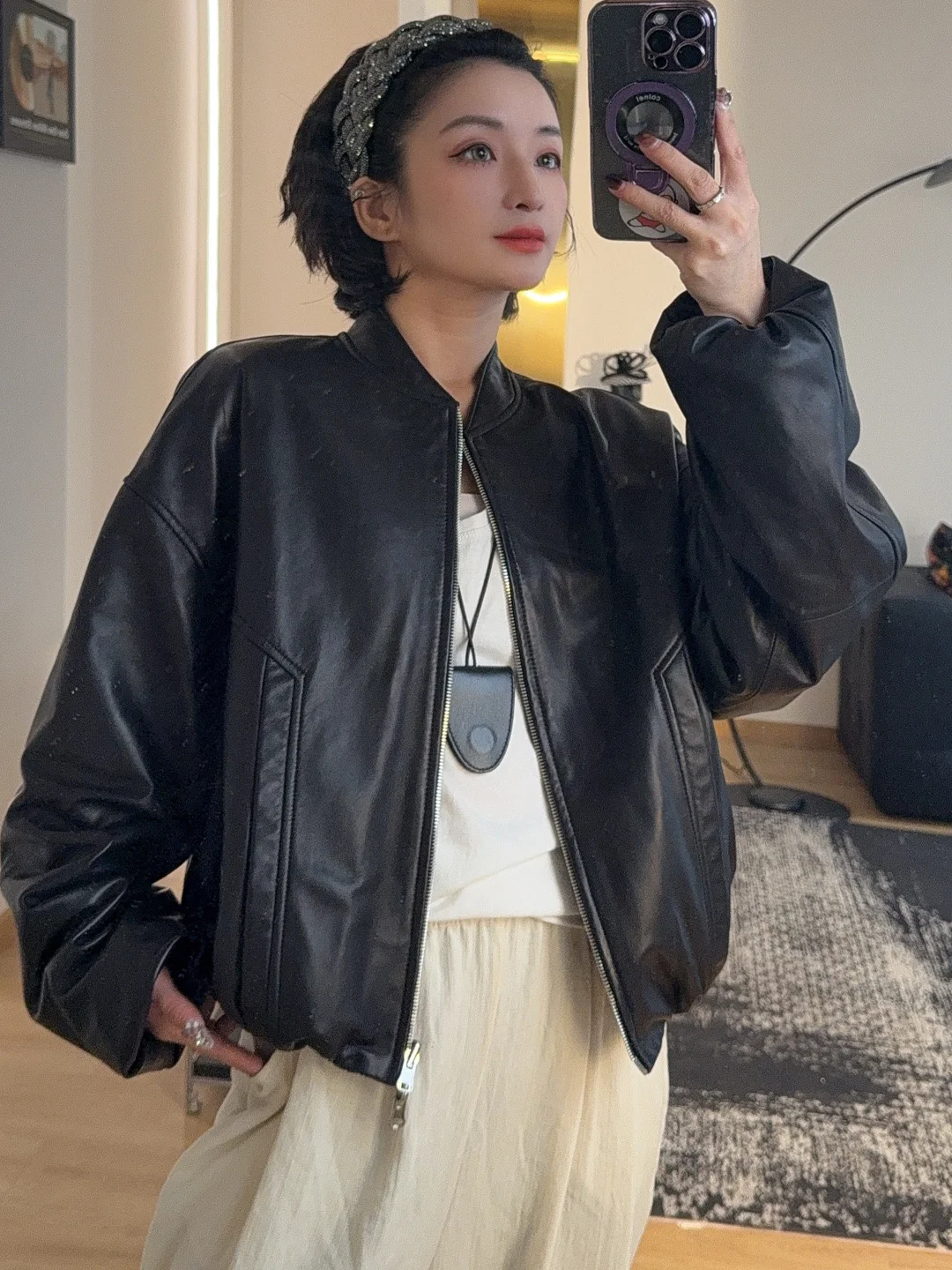 QII Eepskin Baseballjacke aus Leder für Damen, schlankmachend, vielseitig, beidseitig tragbar, für den Pendelverkehr, mit Reißverschluss, lockere Passform