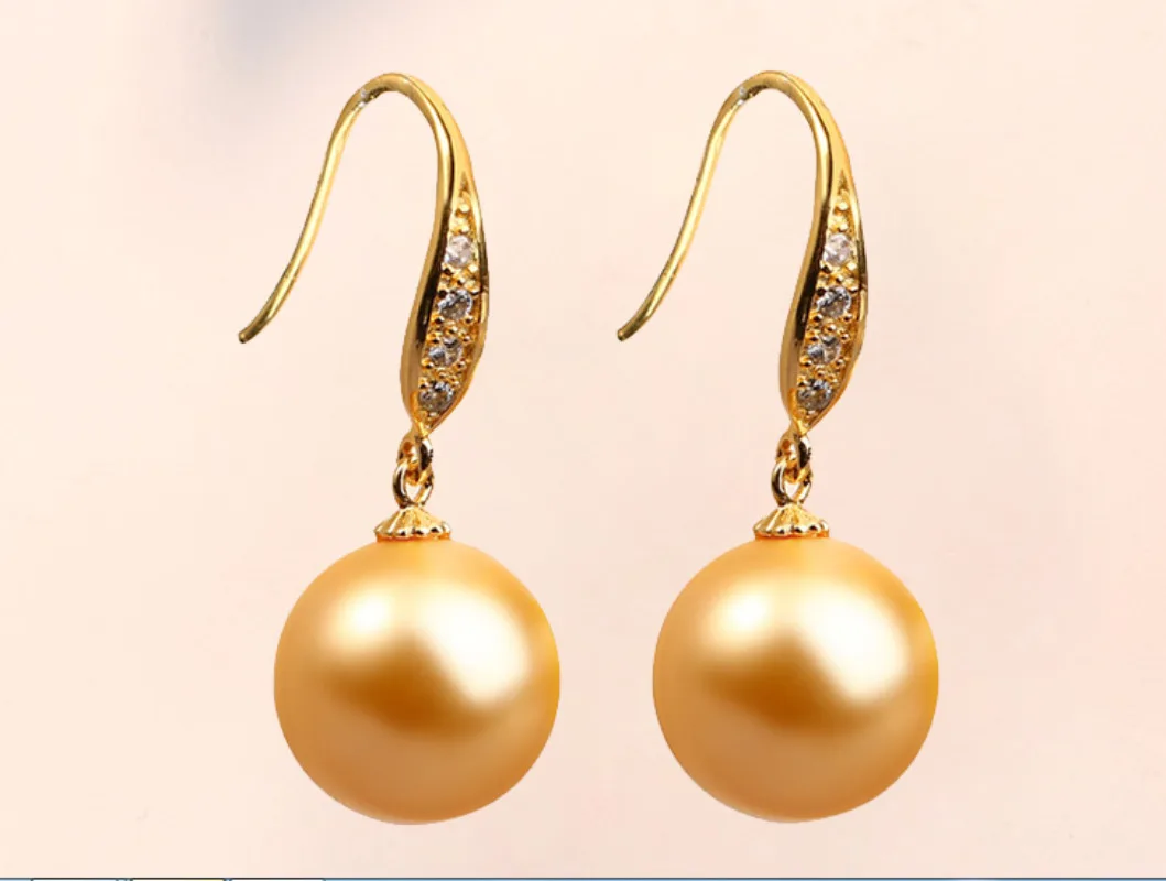 

Elegant 11-12mm Gold Perfect Round Pearl Dangle Earrings for Women Simple Wedding Party Jewelry Accessories AAA Stud ,hook 111