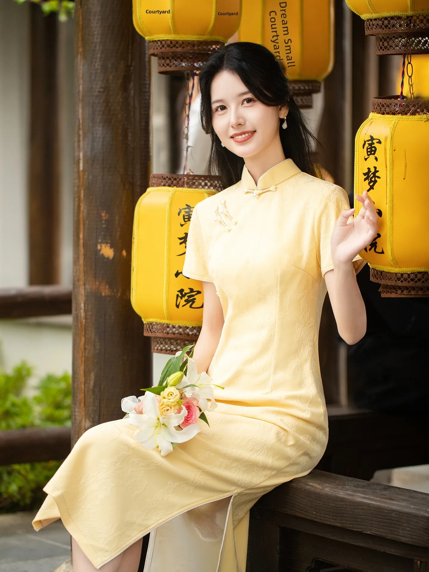 

Желтое ципао для молодых девушек: простое, ретро, в новом китайском стиле, женское, летнее, с длинным или коротким рукавом, повседневное, длинное ципао