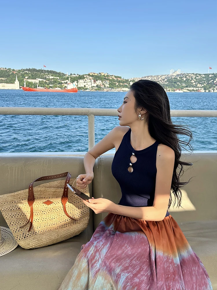 

Женский летний топ ZQ синего цвета, трикотажный, с завышенной талией, облегающий, однотонный, для повседневной носки