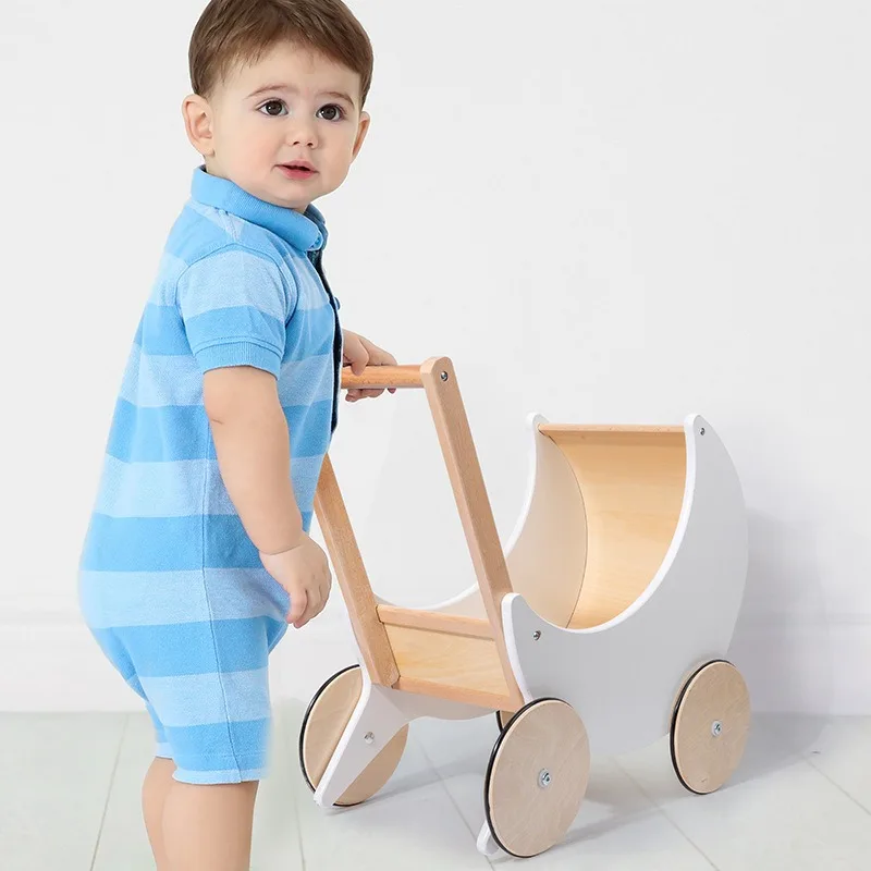 Nordic Style Baby Walker Wooden Toddler Shopping Cart Kids Pretend Play Toy With Storage Push Cart For Boys Girls