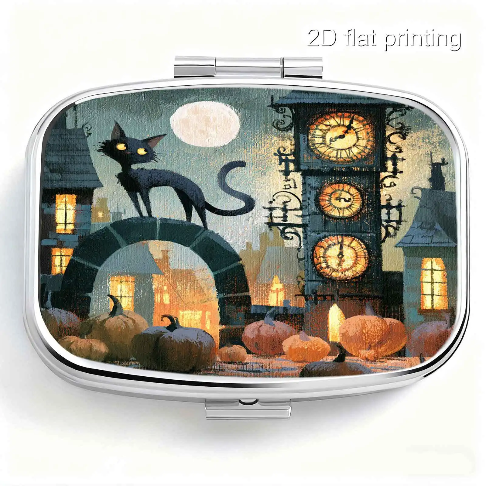 Portable Metal Material, Halloween Bell Tower Black Cat Full Moon Pumpkin Square Illustration, Retro Dark-Toned Warm Brown Watercolor Square Style Design Capsule Box Portable Small Pill Box Pocket-Sized Pill Box Pill Capsule Compact Jewelry Box Compartmentalized Design Easy to Store Lightweight Convenient Gift Choice Portable On-The-Go