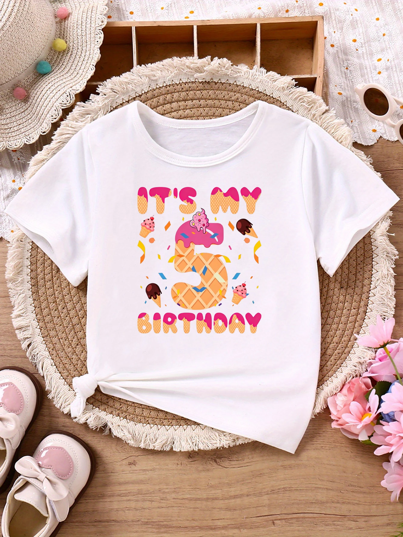 It Is My 5th Birthday Ice Cream Printed T Shirt Girls The Best Birthday Gift T-Shirt Kawaii Kids Clothes Summer T-Shirt