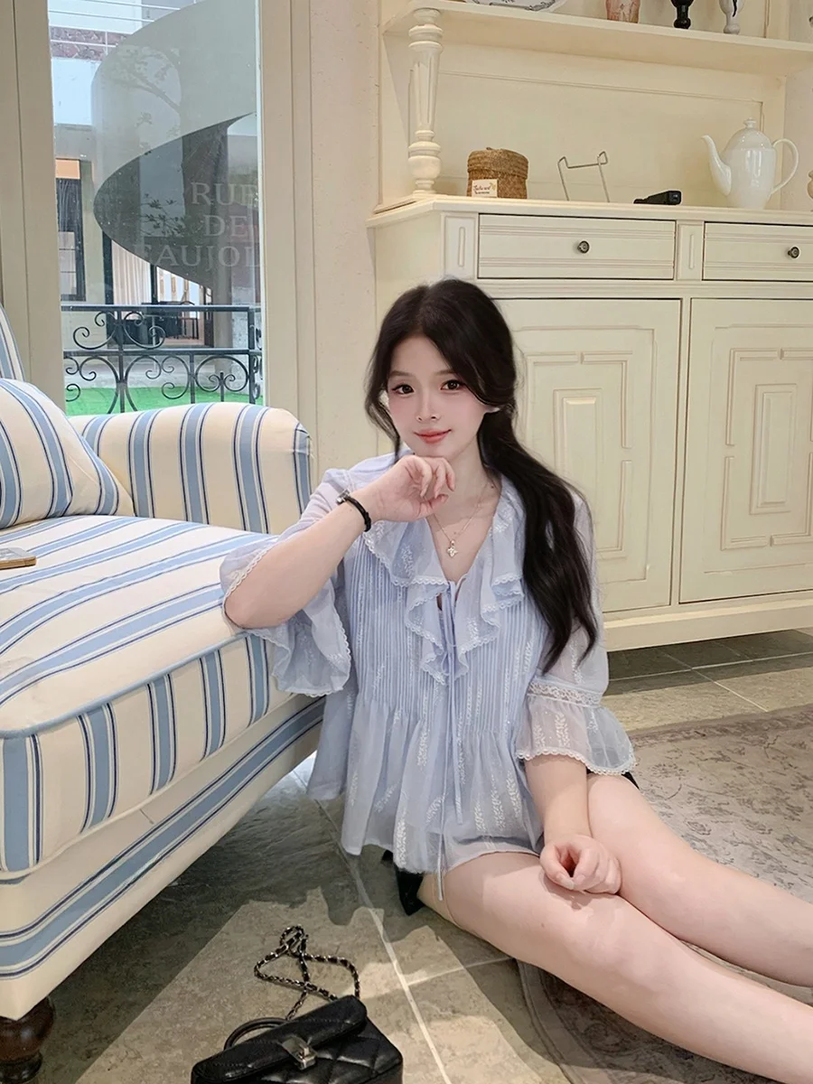 

Original Heavyweight Bell Sve irt Loose Lace Trim Top Blue Crane by Rosewth Commute Sle Seven Quarter Sve Pure Color