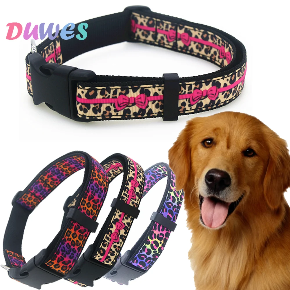 DUWES 1inch 25mm Dog Collar Leopard Bows Leopard Personalized Adjustable High Quality Ribbons Sewing Pet Collars Craft D1693