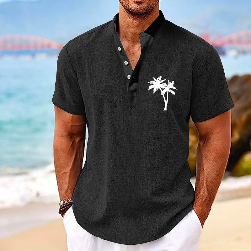 Coconut Tree Plaid 3D Print Henley Shirts Men\'s Casual Oversized Button Stand Collar Short Sleeve T Shirt Tees Tops Man Clothing