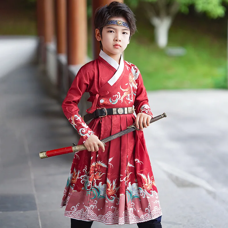 

Ancient Red Fish Print Hanfu Boys Party Costume Children Cosplay Costume Chinese Hanfu Dress