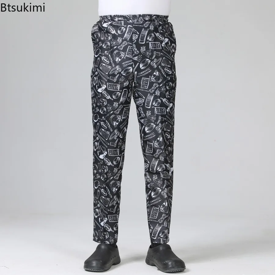 Pantalones de Chef, uniforme de restaurante, pantalones de Chef, ropa de trabajo elástica holgada gris a rayas, pantalones de cebra para hombres, disfraz de cocinero, uniformes de cocina