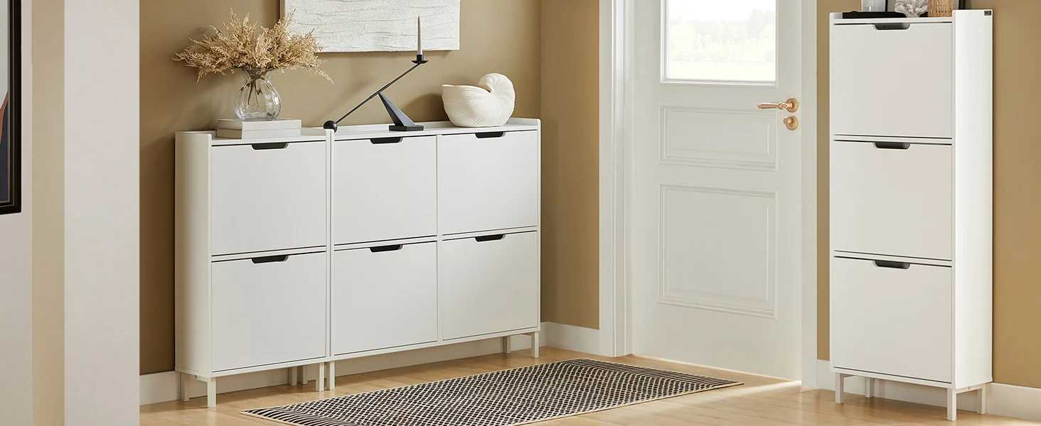 SoBuy FSR151-H-W Schuhkipper mit 3 Klappen Schuhschrank schmal Schuhregal mit 6 Ablageflächen Schuhkommode Schuhablage Weiß – Detail 3