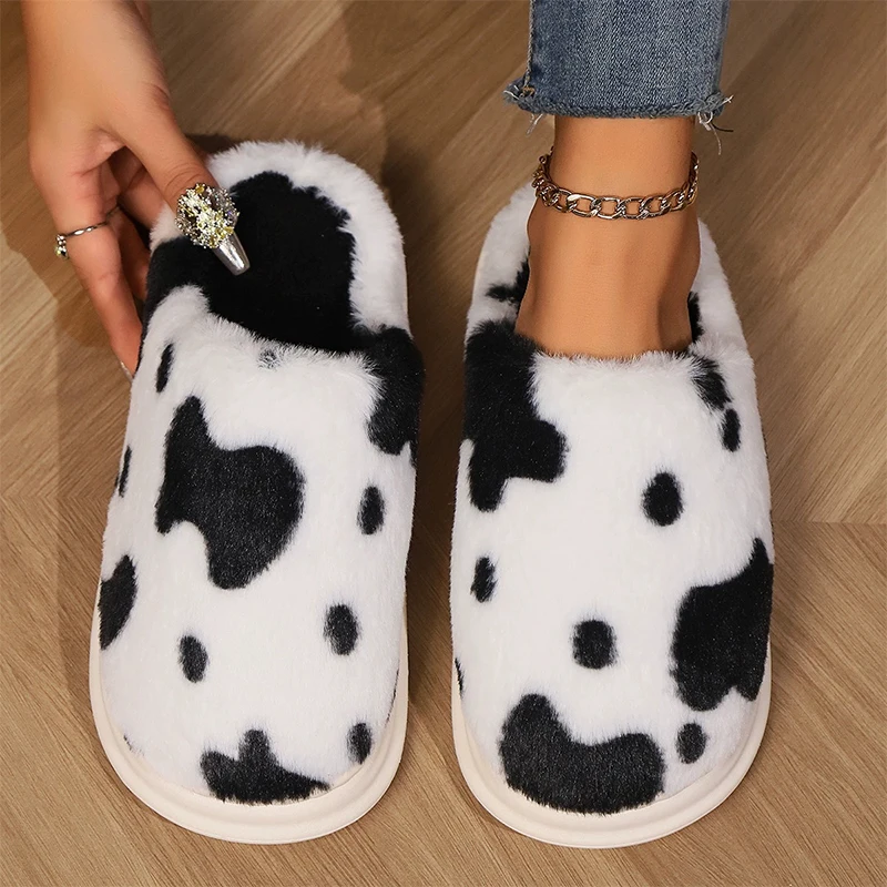 Nette Kuh Flecken Baumwolle Hausschuhe für Frauen Runde Kappe Dicke Sohle Plüsch Hausschuhe Frau Weiche Faux Pelz Warme Schuhe Slides Weibliche Winter – Detail 6