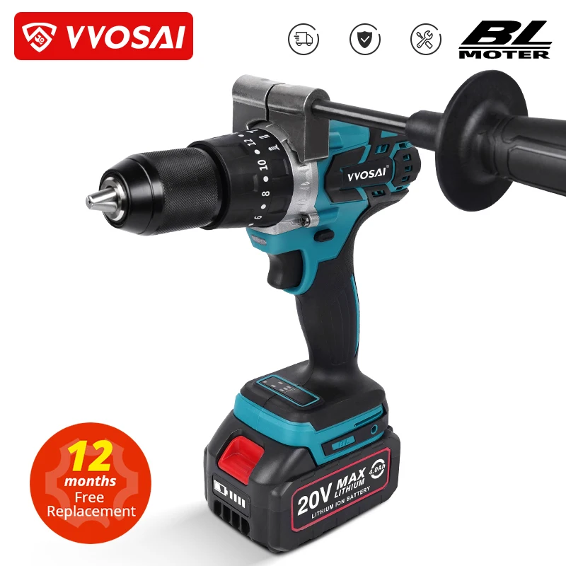 VVOSAI 20V Brushless Electric Drill 20 Torque 115NM Cordless Screwdriver Li-ion Battery Electric Power Screwdriver Drill