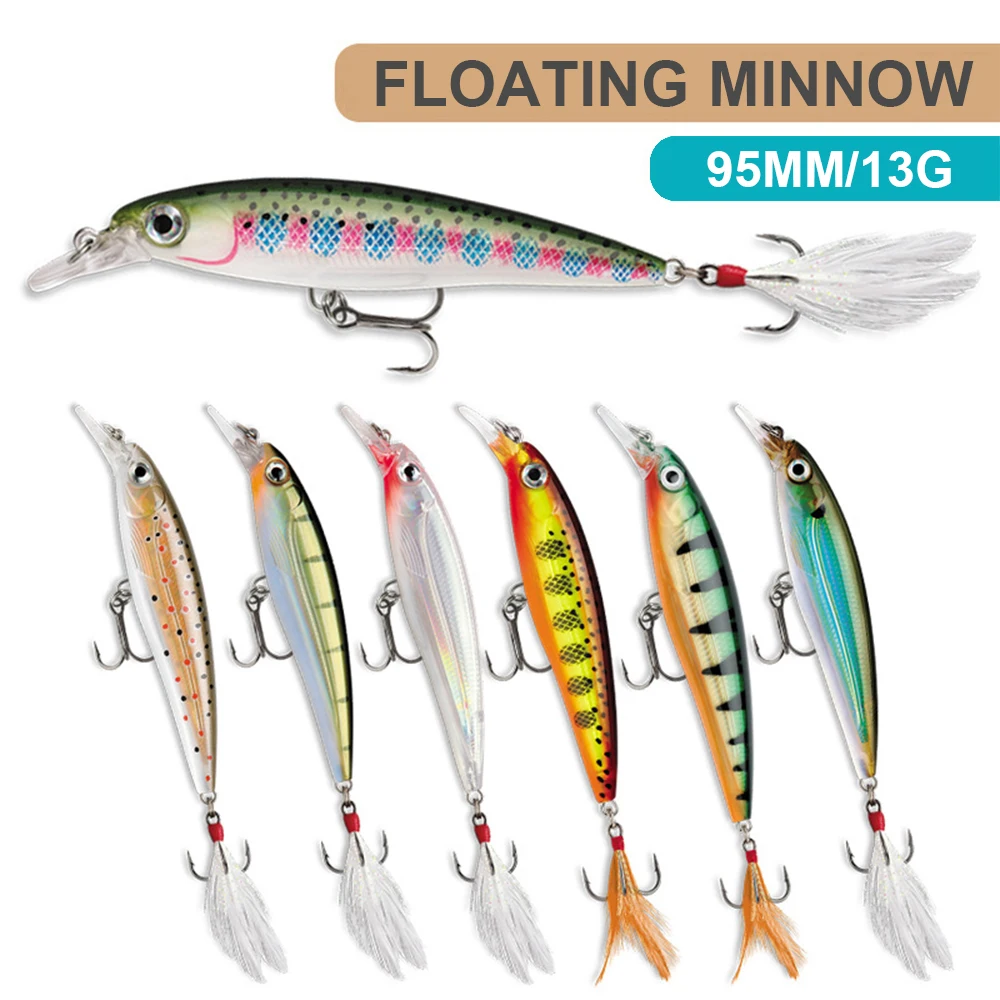 9.5cm 13g Fishing Lure Minnow Wobbler Floating Laser Feather Artificial Hard Bait Built-in Steel Ball Jerkbait For Trout Bass