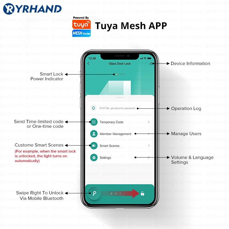 YRHAND Drill free Bluetooth Biometric Fingerprint RFID Card Code Remote Control Tuya App Electronic Smart Glass Door Lock