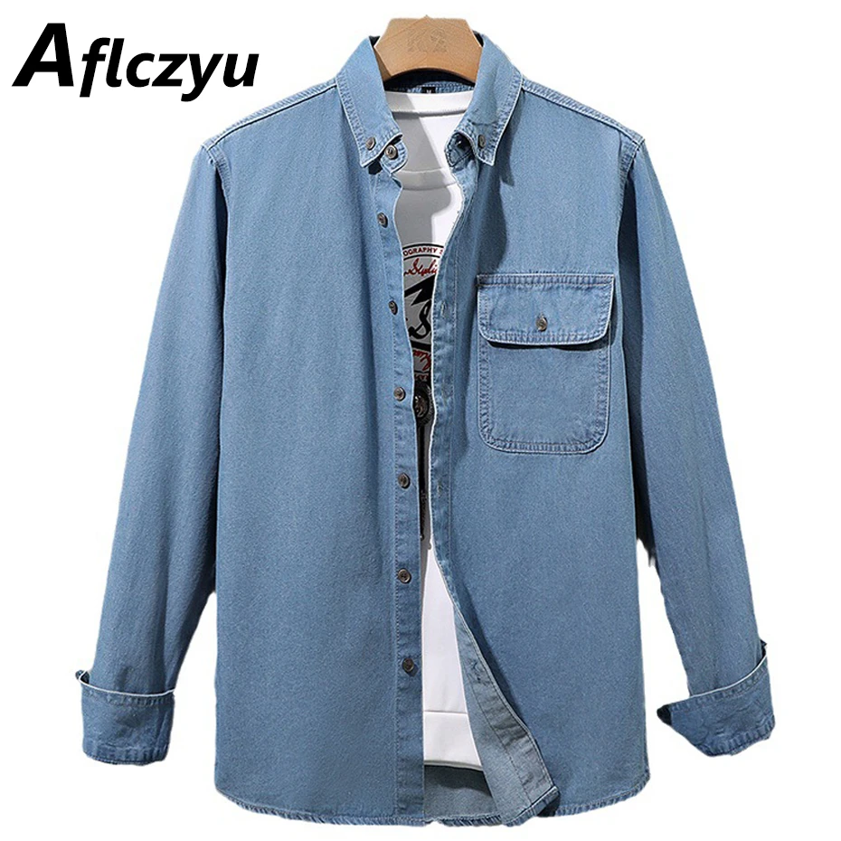 Vintage Denim Shirts Heren Effen Kleur Cargo Shirts Lente Herfst Lange Mouw Shirts Mannen Mode Casual