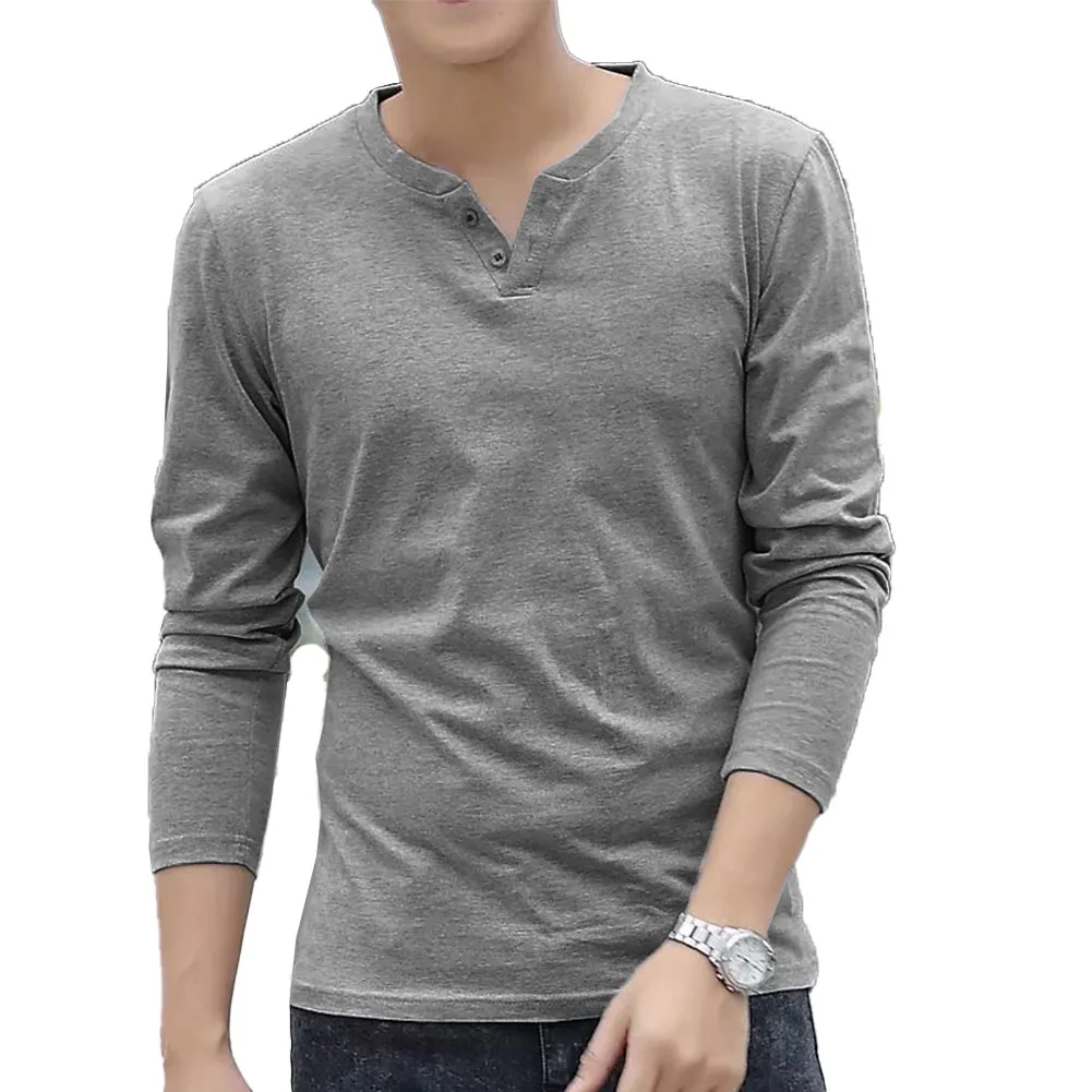 Casual T Shirt For Men Basic Solid Color Long-Sleeve Pullover Button V Neck Slim Undershirt Tees Tops Man Clothing