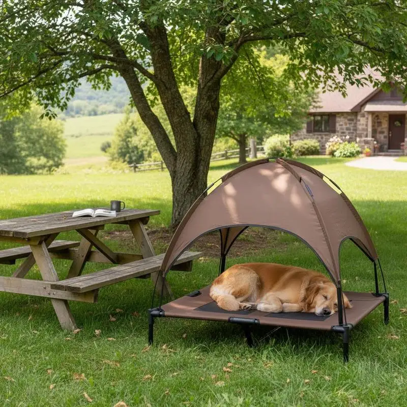 

Raised Dog Bed Waterproof Elevated Pet Cot with Breathable Mesh UV Protection Canopy Brown, for Large Dogs, 92 x 76 x 90cm