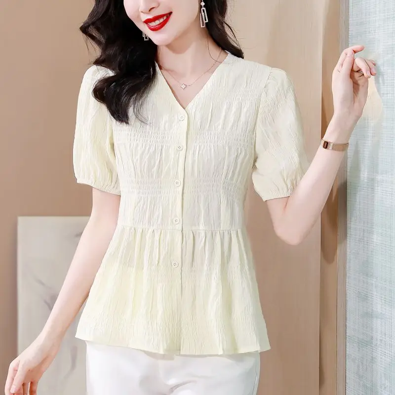 Simplicity Office Lady Summer Women\'s V-Neck Solid Pleated Corset Single Breasted Fashion Elegant Loose Short Sleeve Shirts Tops