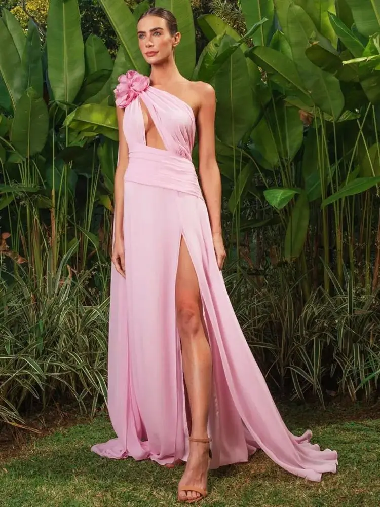 One Shoulder Sleeveless Hollowout Evening Dress With Flowers Custom Madee Straight Prom Dress With Slit Ever Pretty Gowns