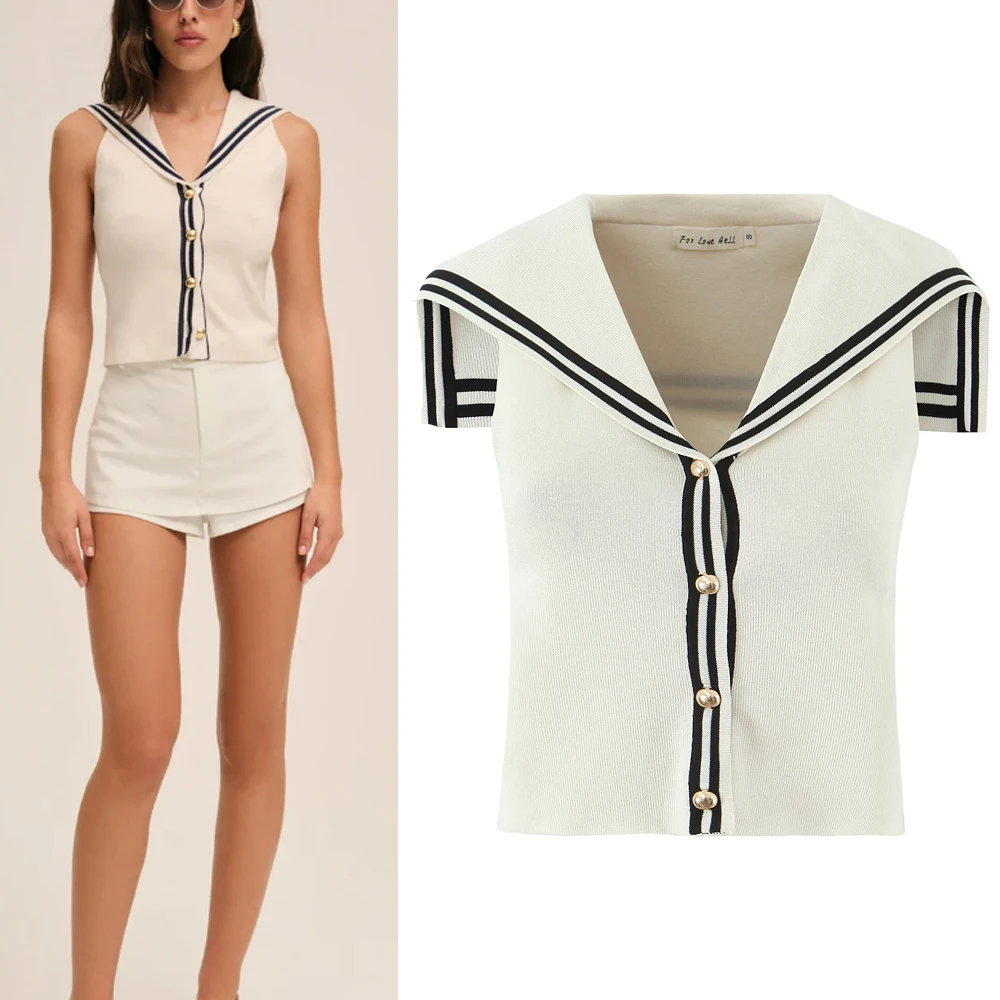 

Women's Versatile H656 Faionable American Retro Color Blo Navy Collar Vest Top Polyester Fiber Regular Length Svel